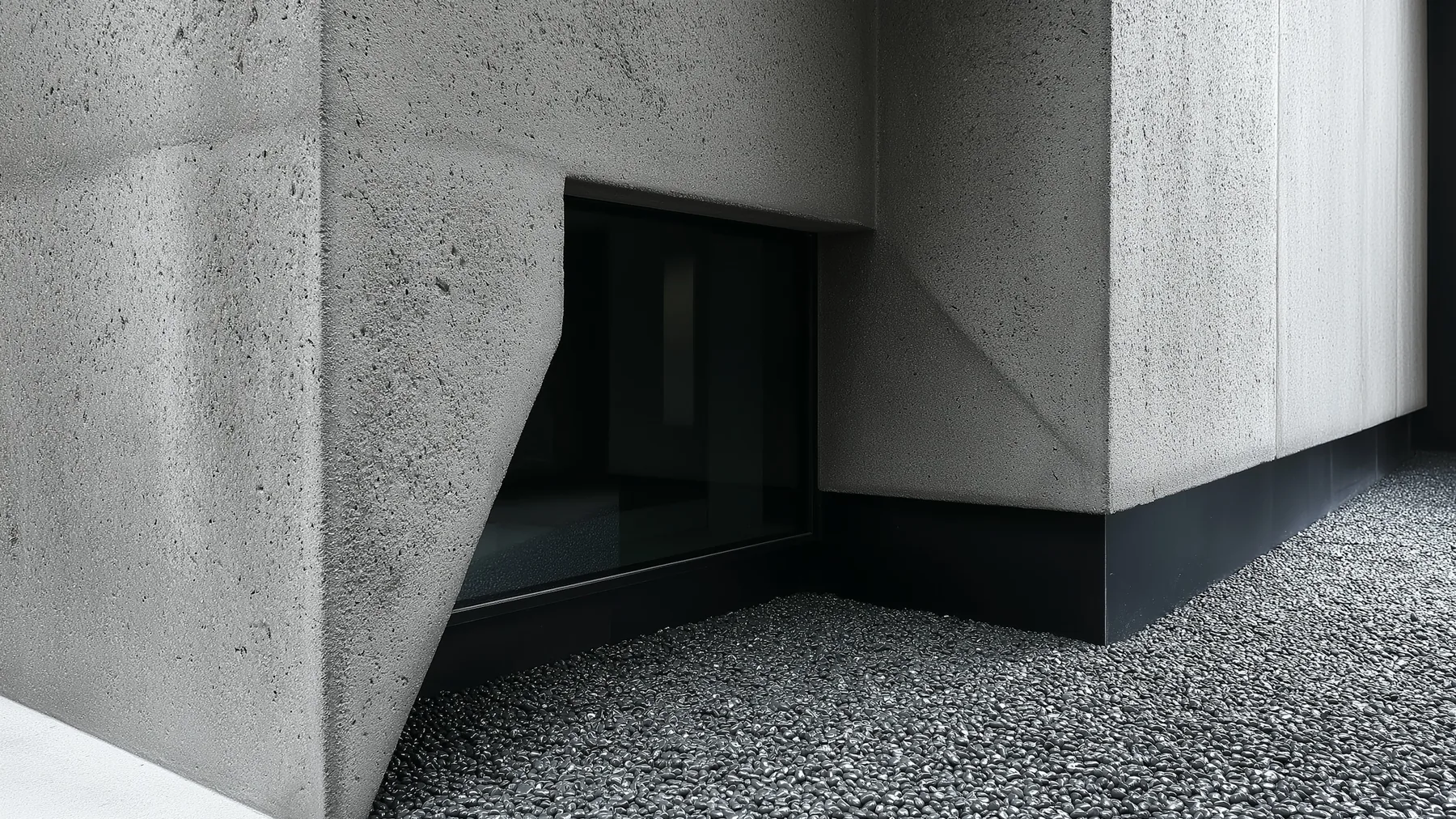 A figure walking past a deep concrete building whose stepped mass casts hard shadows.