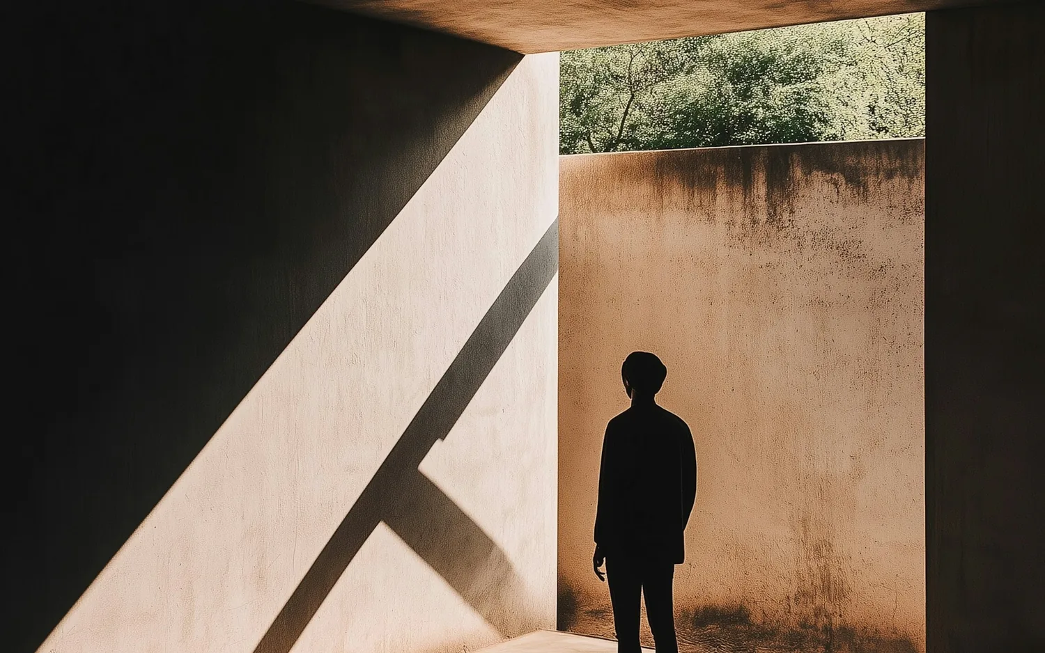 Ridge House: a figure standing at a tall opening in a board-marked concrete undercroft, a hard shaft of daylight crossing the wall.