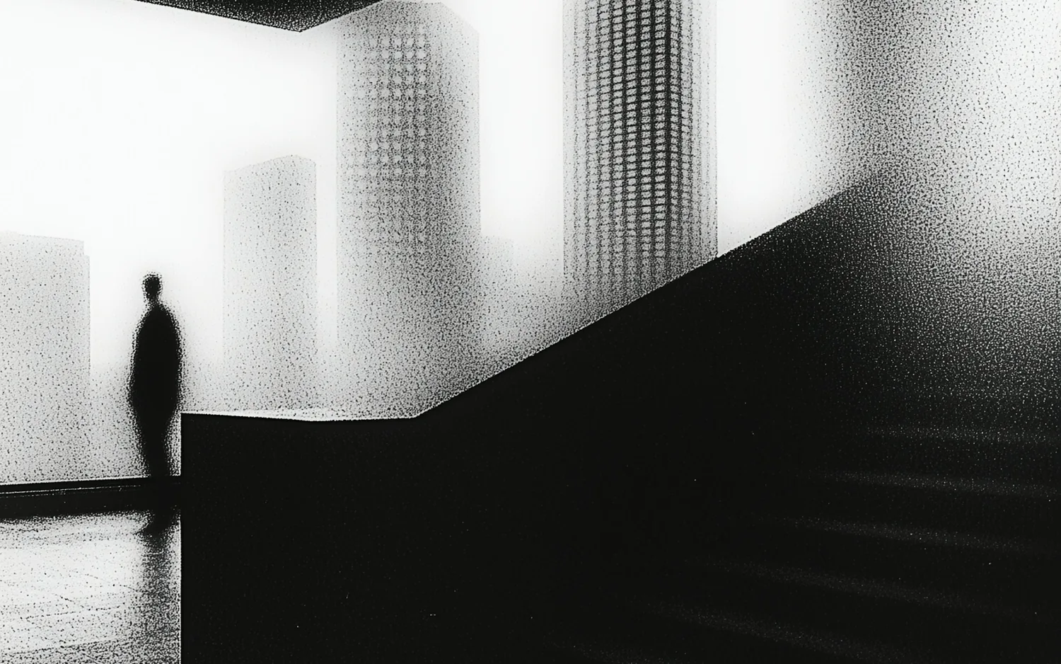 A concept study: a figure at the edge of a wide hall whose far wall dissolves into daylight.
