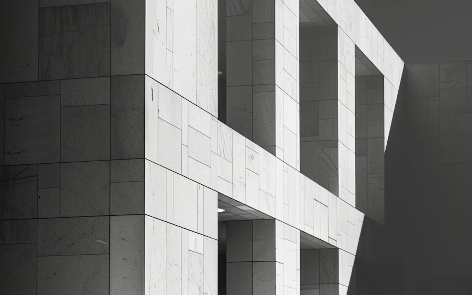 A concept study: a small figure crossing a forecourt beneath a deep stone grid facade.